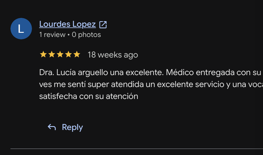 Reseña de Google Business de 5 estrellas de Lourdes Lopez para Dra. Lucia Argüello